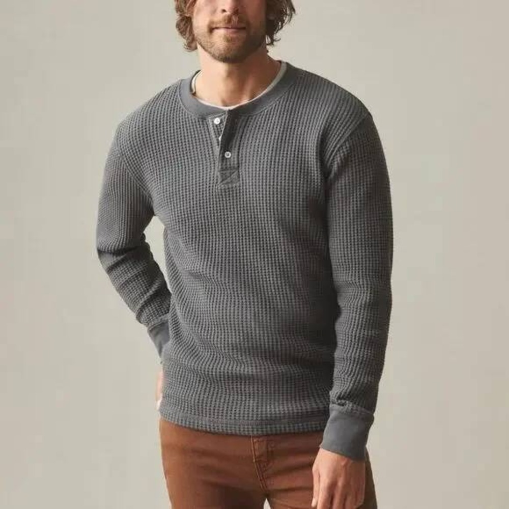 New AMERICAN GIANT Mens Waffle Long Sleeve Henley Gray Size XL USA Thermal